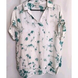 Rachel Zoe 100% Linen Tie-die Blouse Sz L Teal And White Roll Tab Sleeves